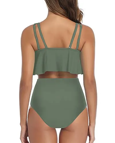 High Waist Ruched Bottom Two Piece Bikini For Women-Army Green