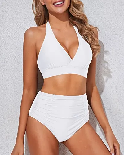 High Waisted Bikini Bottoms Ruching Women's Bikini Swimsuits-White