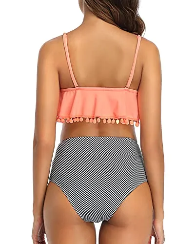 High Waisted Bikini Set Ruffle And Ruched High Rise Bottom-Coral Pink Stripe