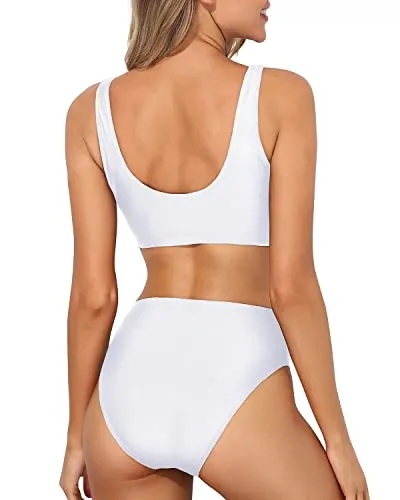 High Waisted Removable Push Up Bikini Crop Top High Cut Swimsuit-White