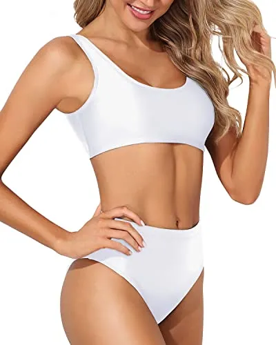High Waisted Removable Push Up Bikini Crop Top High Cut Swimsuit-White