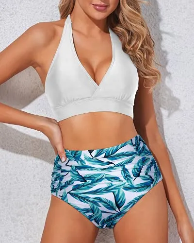 High Waisted Tummy Control Swimsuits Women's Bikini Swimsuits-White Leaf