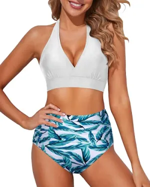 High Waisted Tummy Control Swimsuits Women's Bikini Swimsuits-White Leaf