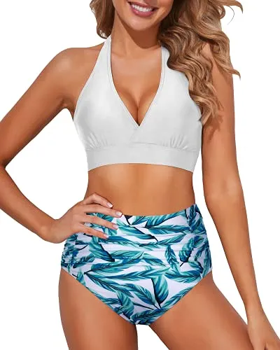 High Waisted Tummy Control Swimsuits Women's Bikini Swimsuits-White Leaf