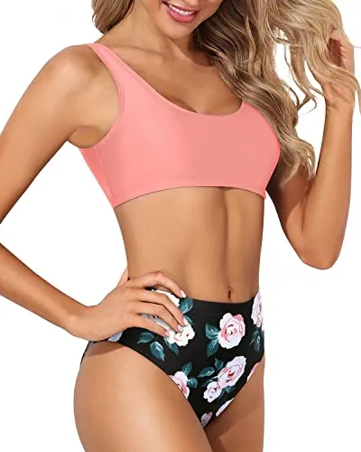 High Waisted Two Piece Bathing Suit Bottoms-Coral Pink Floral