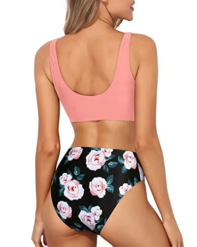 High Waisted Two Piece Bathing Suit Bottoms-Coral Pink Floral