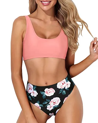 High Waisted Two Piece Bathing Suit Bottoms-Coral Pink Floral