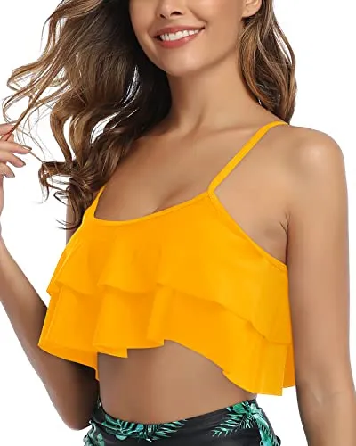 Non-See Through Bikini Top Flounce Swim Top-Yellow