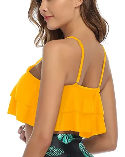 Non-See Through Bikini Top Flounce Swim Top-Yellow