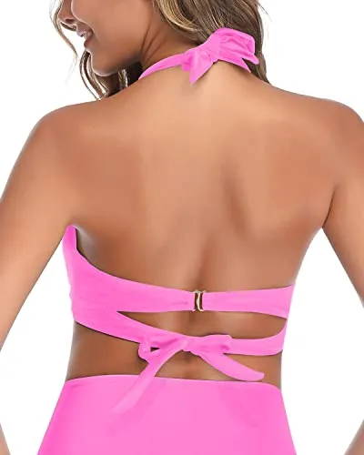 Padded Push Up Halter Bikini Top Only-Light Pink
