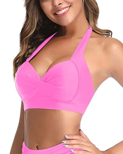 Padded Push Up Halter Bikini Top Only-Light Pink