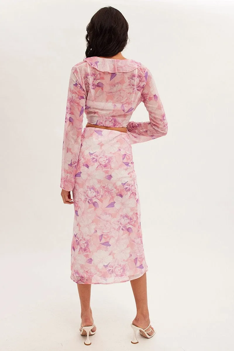 Pink Floral Midi Skirt Floral Printed Chiffon
