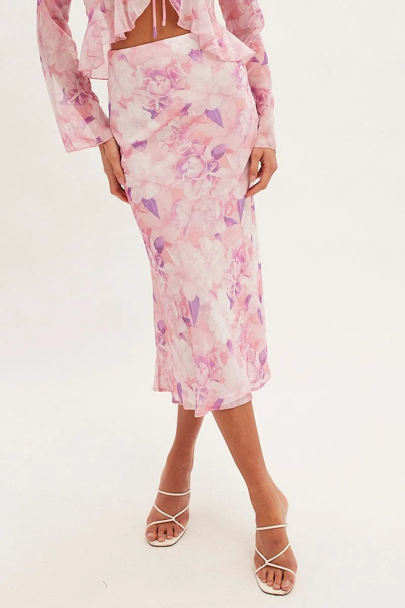 Pink Floral Midi Skirt Floral Printed Chiffon