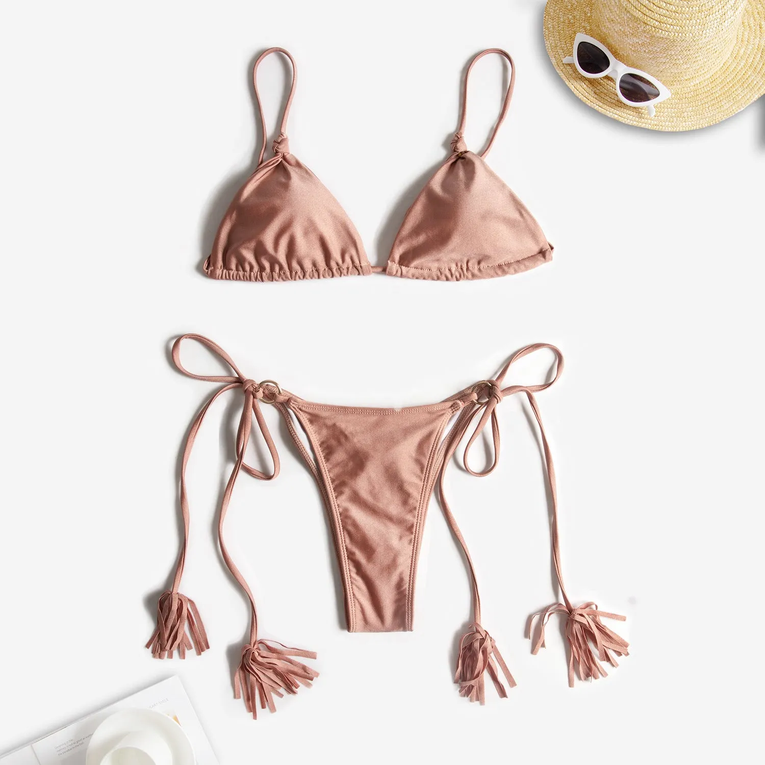 Pink Lace Up Triangle Bikini Set
