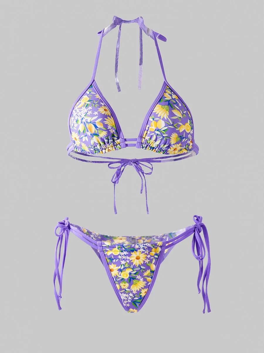 Purple Flowers Double Fabric Bikini Set