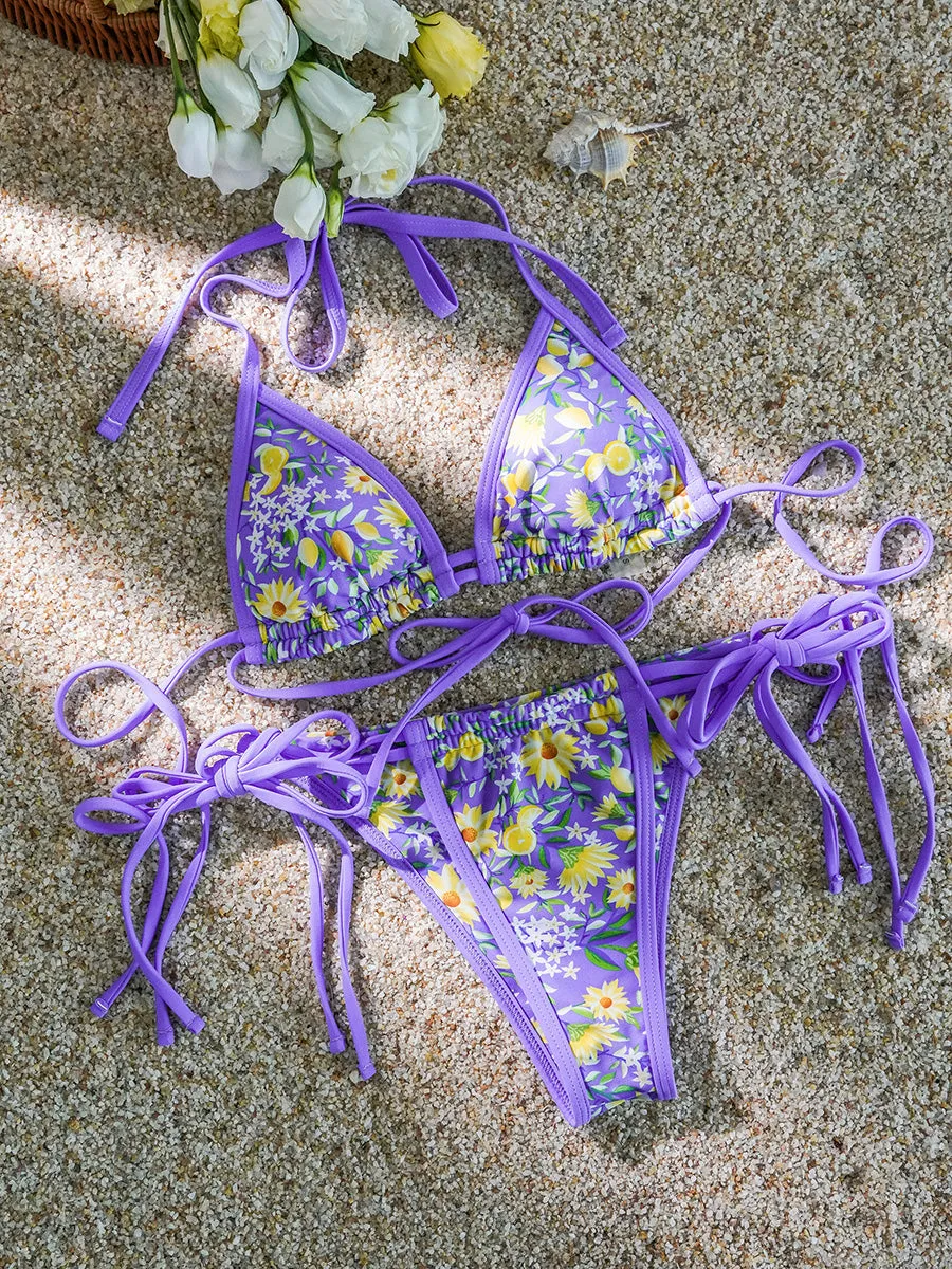 Purple Flowers Double Fabric Bikini Set