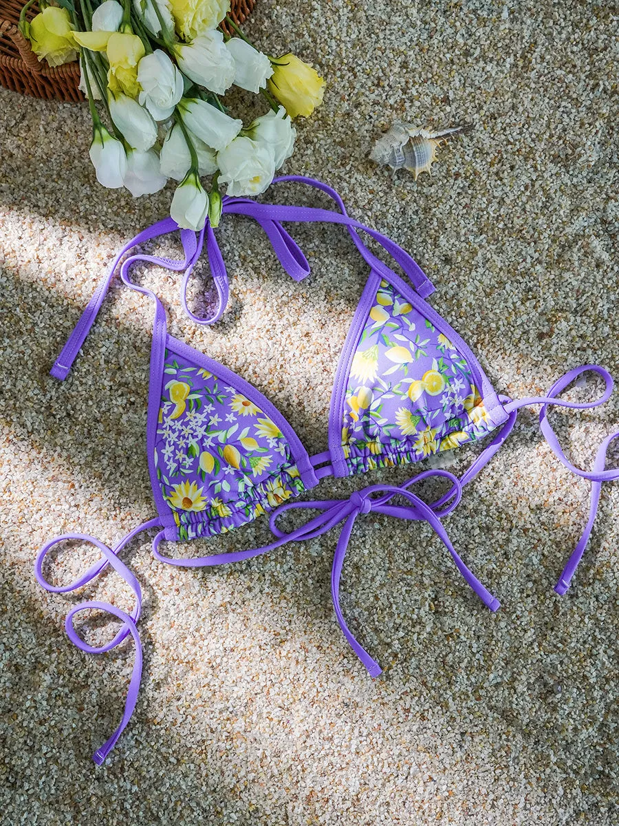 Purple Flowers Double Fabric Bikini Set