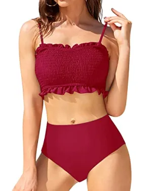 Push Up Bra Adjustable Shoulder Straps And Ruffled Bikini-Red