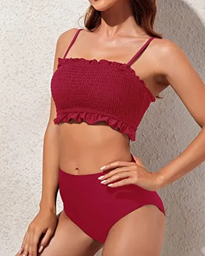 Push Up Bra Adjustable Shoulder Straps And Ruffled Bikini-Red