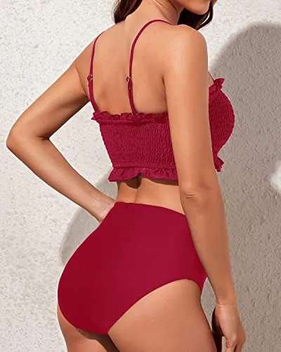 Push Up Bra Adjustable Shoulder Straps And Ruffled Bikini-Red