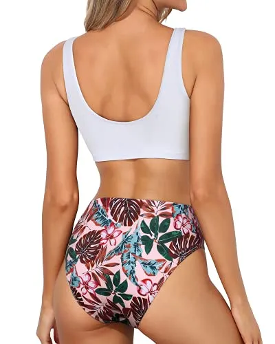 Removable Padded Bikini Crop Top High Cut Bottoms-White Leaf