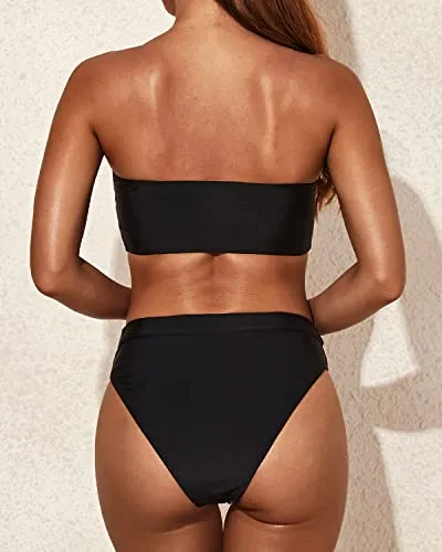 Sexy High Cut Bikini Bottom Removable Padding Strapless Bikini Top-Black