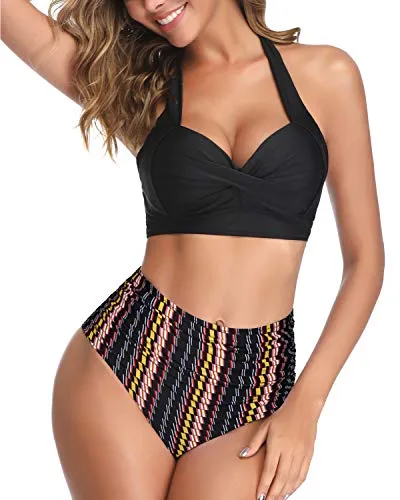 Sexy Push Up Bra Adjustable Straps Two Piece Halter Bikini For Women-Black Tribal