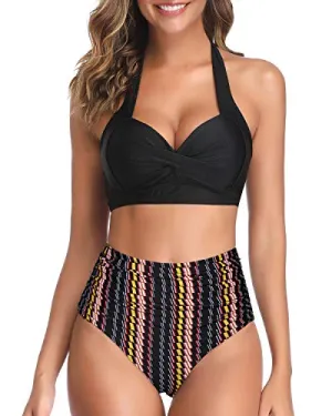 Sexy Push Up Bra Adjustable Straps Two Piece Halter Bikini For Women-Black Tribal