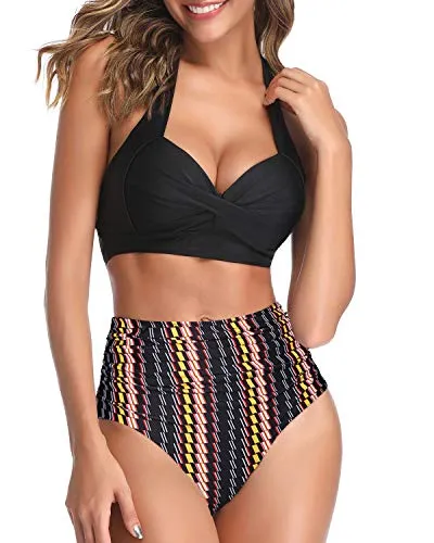 Sexy Push Up Bra Adjustable Straps Two Piece Halter Bikini For Women-Black Tribal