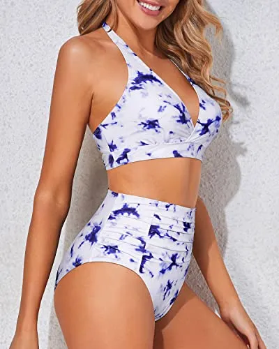 Slimming High Waisted Two Piece Bikini Set For Women-Blue Tie Dye
