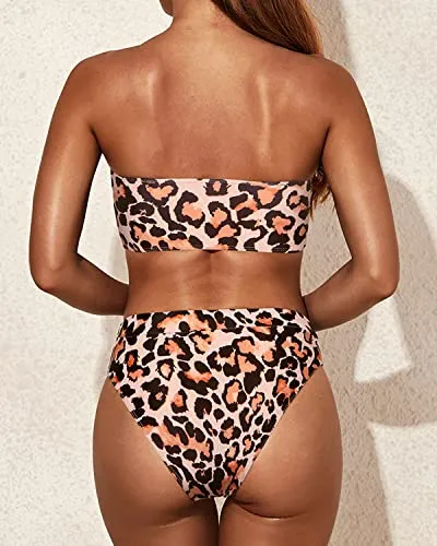 Soft Comfortable Swimwear Women Two Piece Bandeau Swimsuit-Leopard