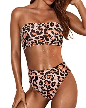 Soft Comfortable Swimwear Women Two Piece Bandeau Swimsuit-Leopard