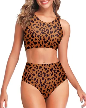 Sporty Bikini Set High Waisted Bottom For Teen Girls-Brown And Leopard