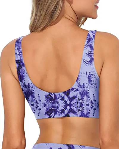 Sporty Tank Bikini Top Removable Pads For Women-Blue Tie Dye