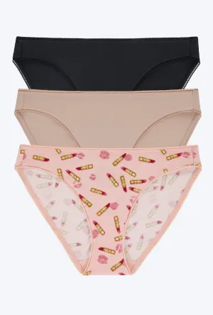Stretch Jersey Bikini Underwear 3 Pack-Black Nude Hot Lips