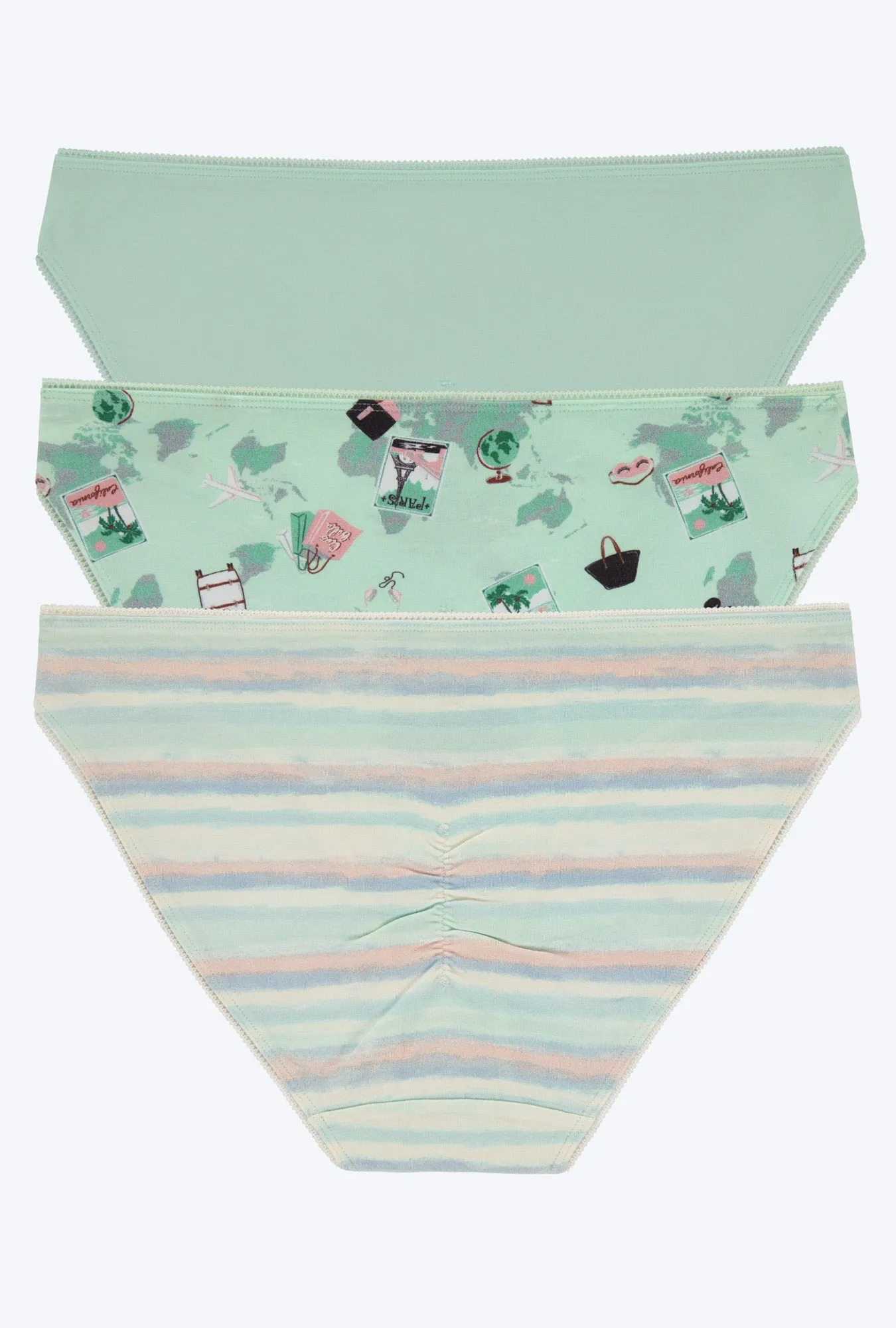 Stretch Jersey Bikini Underwear 3 Pack-Soothing Sea Pack Your Bags Rainbow Stripe