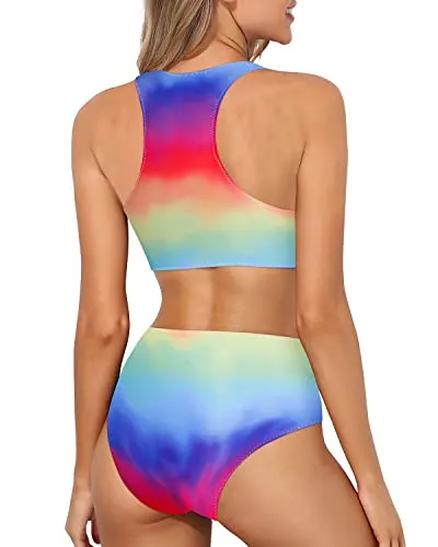 Teen Girls' High Neck Racerback Two Piece Bikini Set-Color Tie Dye