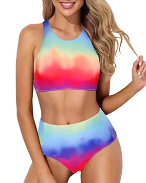 Teen Girls' High Neck Racerback Two Piece Bikini Set-Color Tie Dye