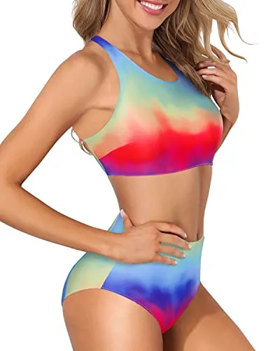 Teen Girls' High Neck Racerback Two Piece Bikini Set-Color Tie Dye