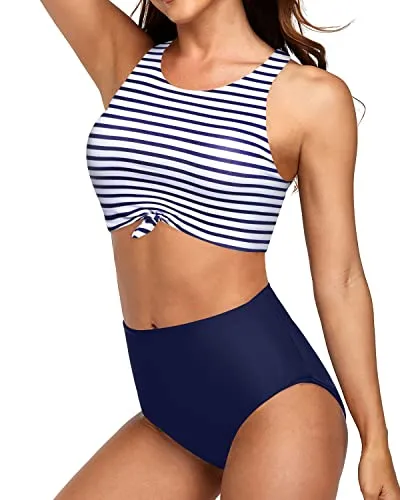 Tie Knot Front Bikini Set Sporty Two Piece Swimsuits-Blue White Stripe