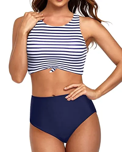 Tie Knot Front Bikini Set Sporty Two Piece Swimsuits-Blue White Stripe