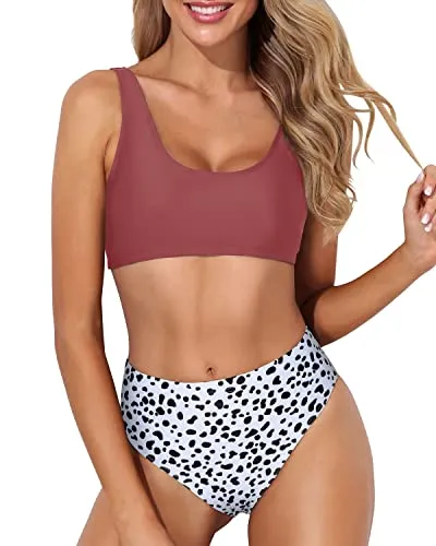 Tropical Scoop Neck Bikini Crop Top High Waist Bottoms-Red And Dalmatian