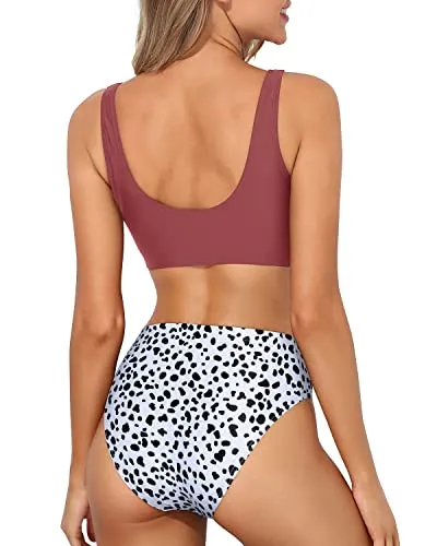 Tropical Scoop Neck Bikini Crop Top High Waist Bottoms-Red And Dalmatian