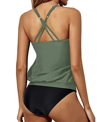 Tummy Control Blouson Tankini Mid Waist Bottoms-Olive Green