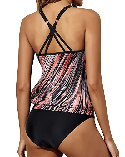 Tummy Control Blouson Two Piece Tankini Bottoms-Pink Black Stripes