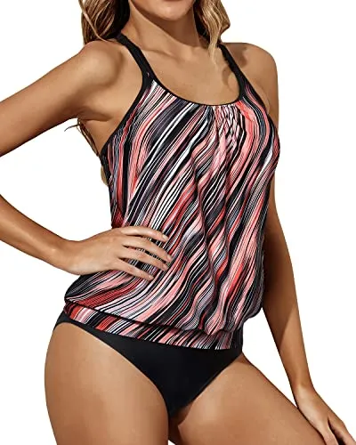 Tummy Control Blouson Two Piece Tankini Bottoms-Pink Black Stripes