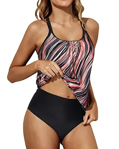 Tummy Control Blouson Two Piece Tankini Bottoms-Pink Black Stripes