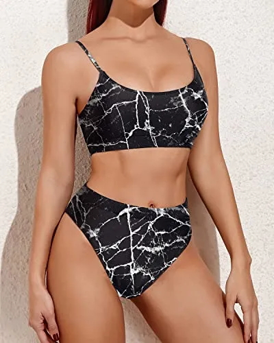 Tummy Control High Waisted Bikini Sporty Scoop Neck Swimsuits-Black Marble