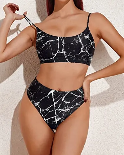Tummy Control High Waisted Bikini Sporty Scoop Neck Swimsuits-Black Marble