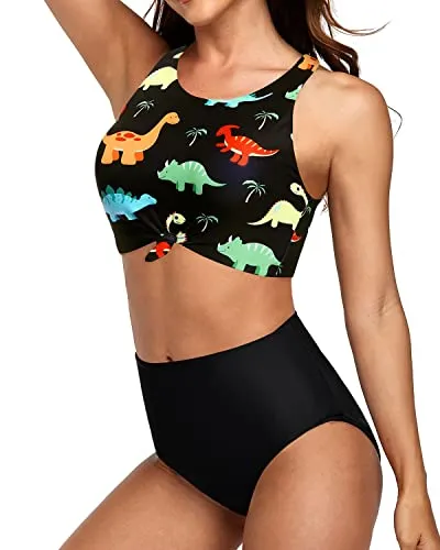 Tummy Control Swimsuits Sporty Two Piece Swimsuits-Black Dinosaur